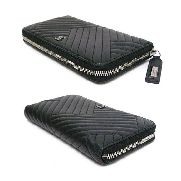 Chanel Lambskin Chevron Round Zipper Long Wallet Coco Mark Leather Black - Picture 2 of 6